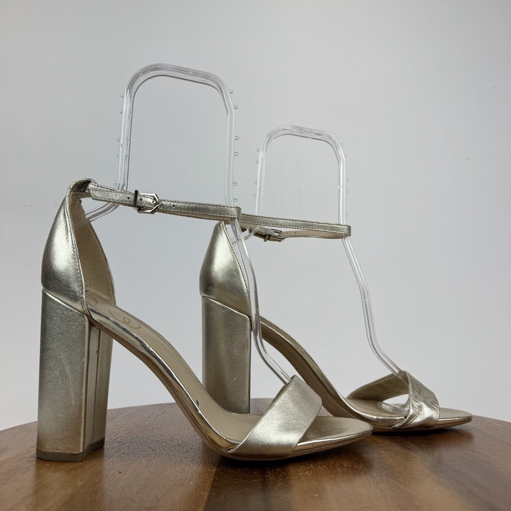 Womens Sam Edelman Yaro Gold Leather Block Open Toe Heeled Sandals Size 10 M GUC